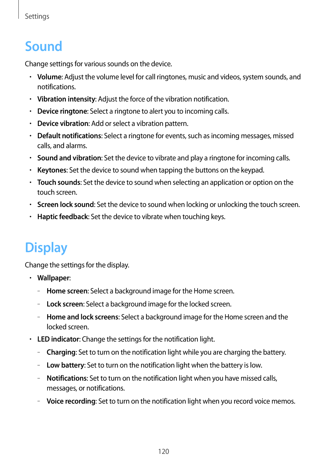 Samsung GT-N7100 user manual Sound, Display, Wallpaper 