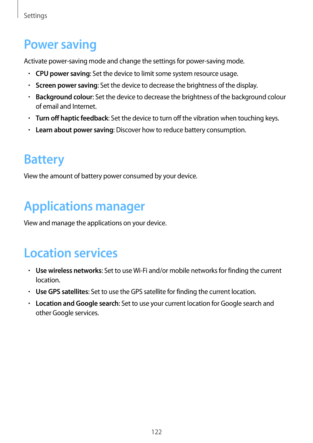 Samsung GT-N7100 user manual Power saving, Battery, Applications manager, Location services 