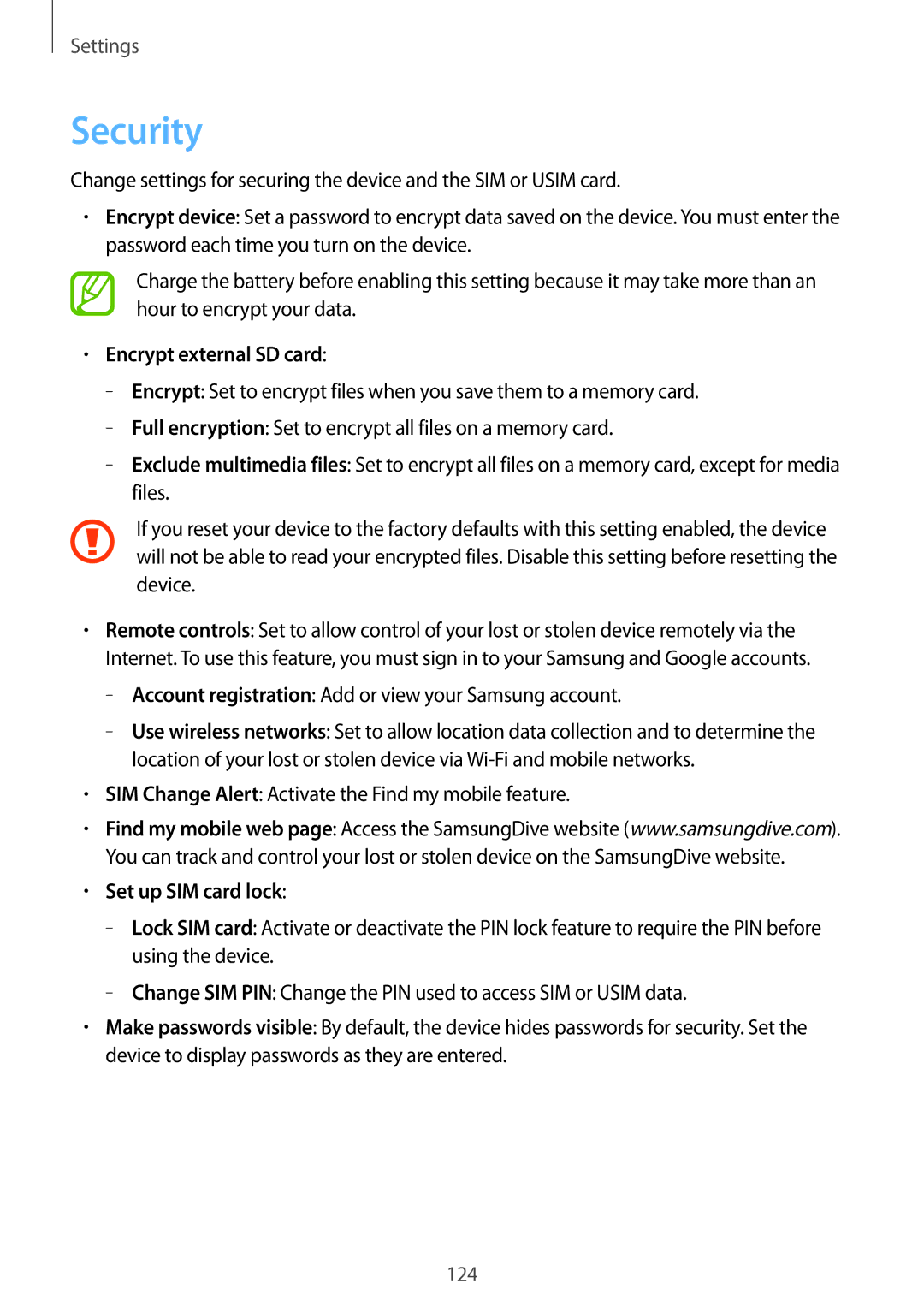 Samsung GT-N7100 user manual Security, Encrypt external SD card, Set up SIM card lock 