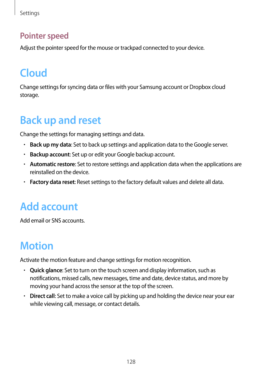 Samsung GT-N7100 user manual Back up and reset, Add account, Motion, Pointer speed 