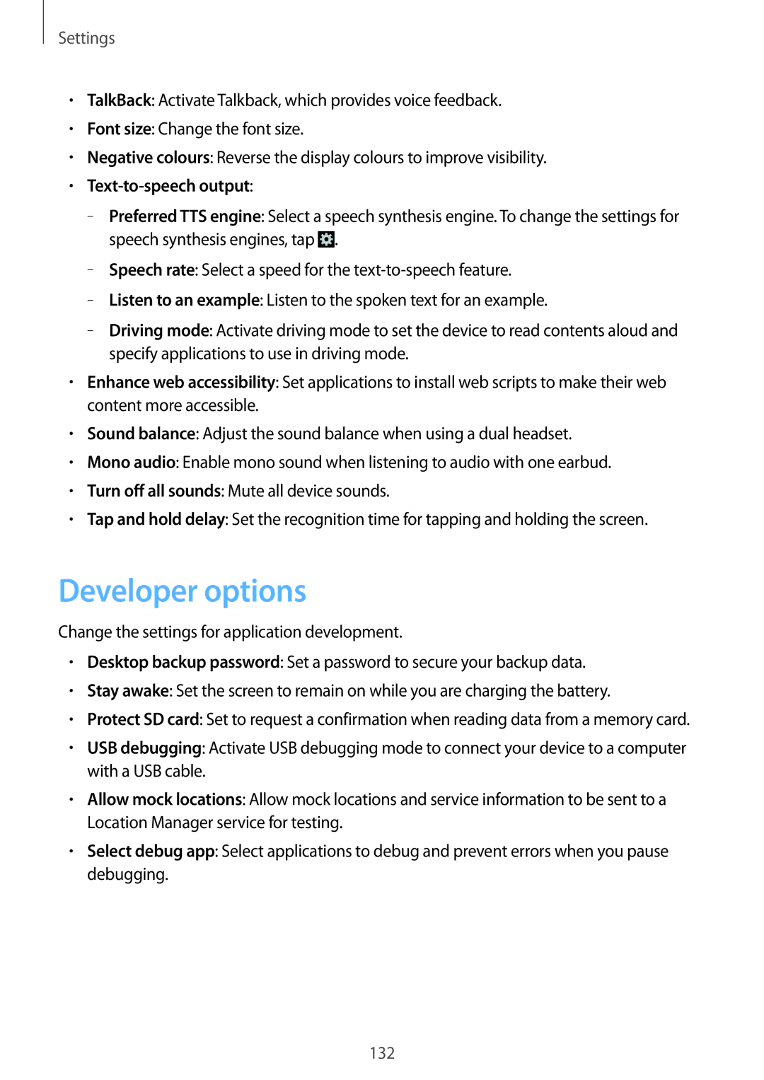 Samsung GT-N7100 user manual Developer options, Text-to-speech output 