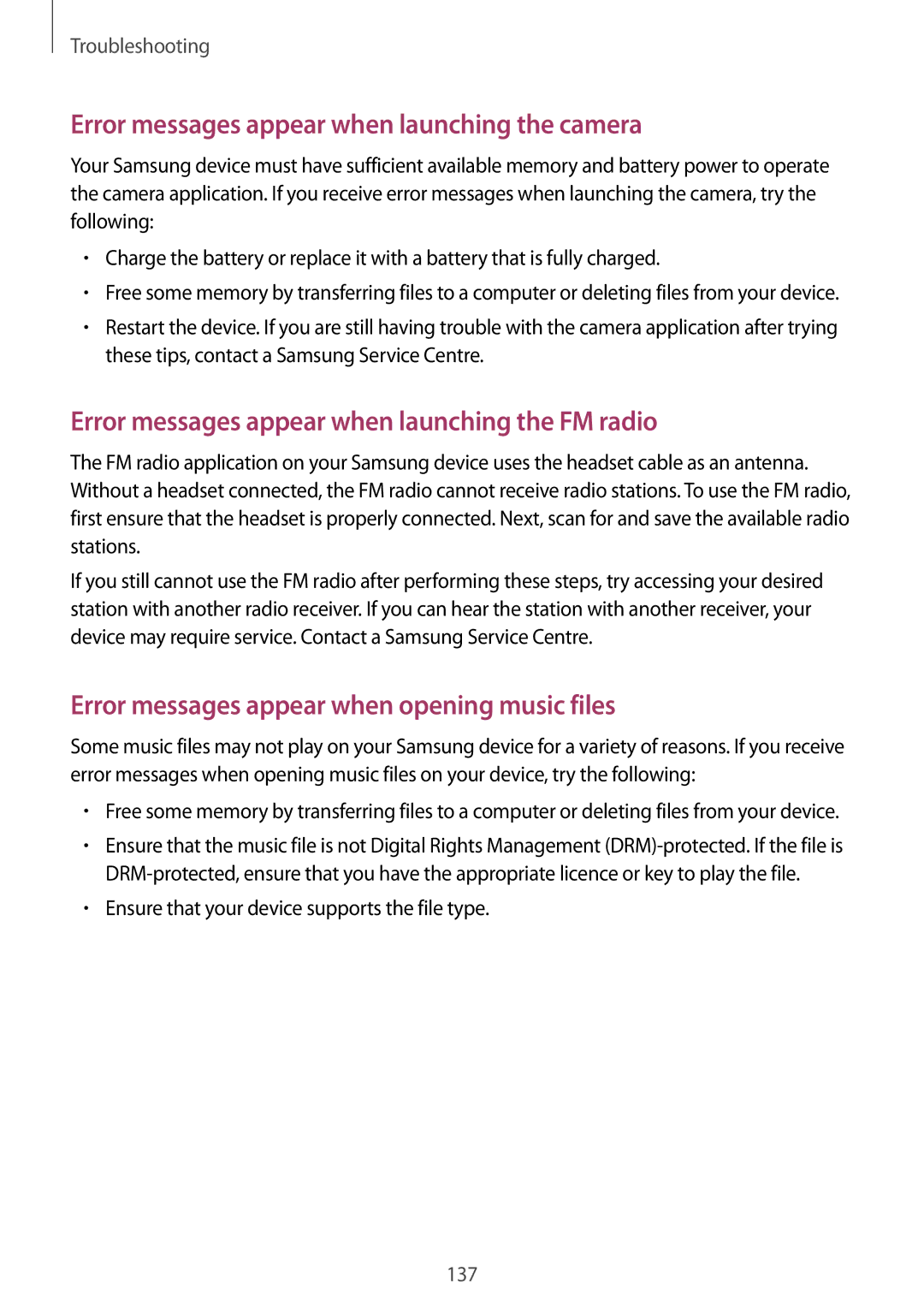 Samsung GT-N7100 user manual Error messages appear when launching the camera 