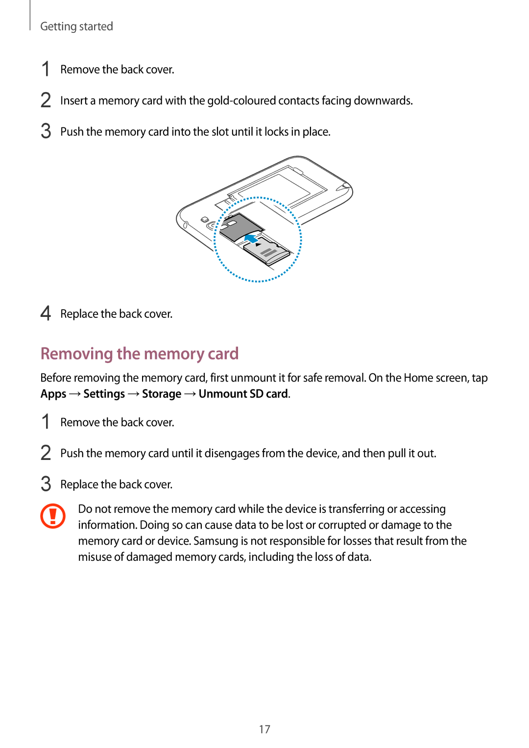 Samsung GT-N7100 user manual Removing the memory card 