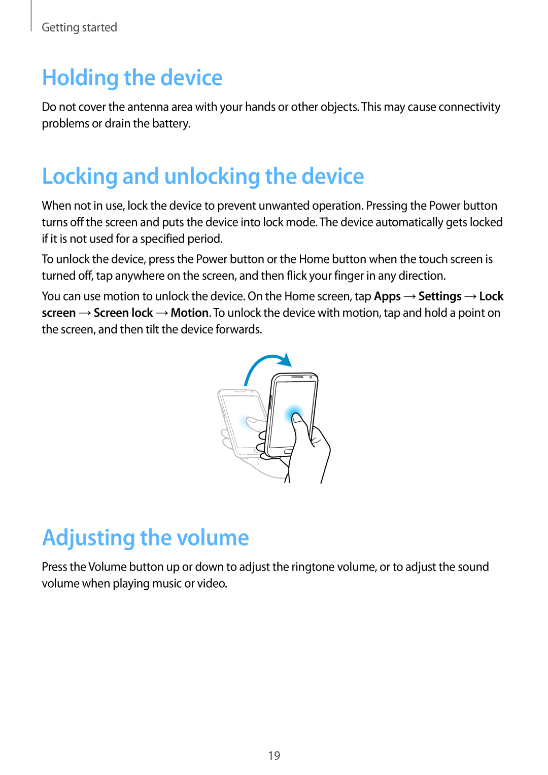 Samsung GT-N7100 user manual Holding the device, Locking and unlocking the device, Adjusting the volume 