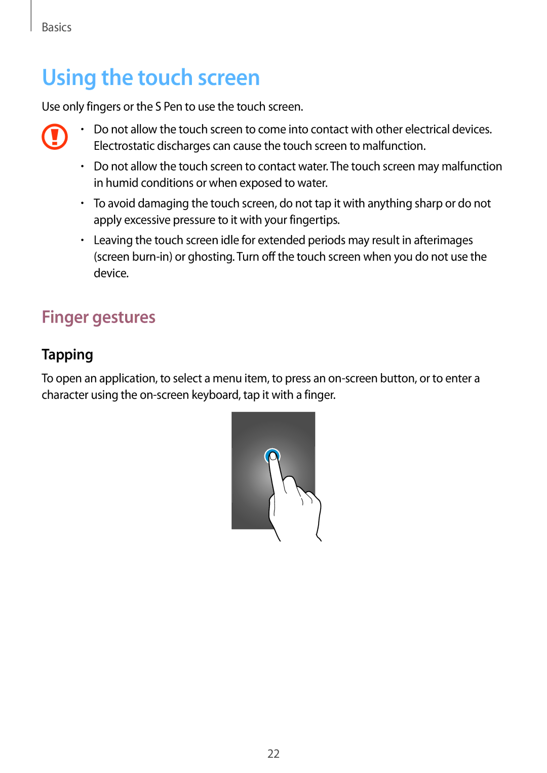 Samsung GT-N7100 user manual Using the touch screen, Finger gestures, Tapping 