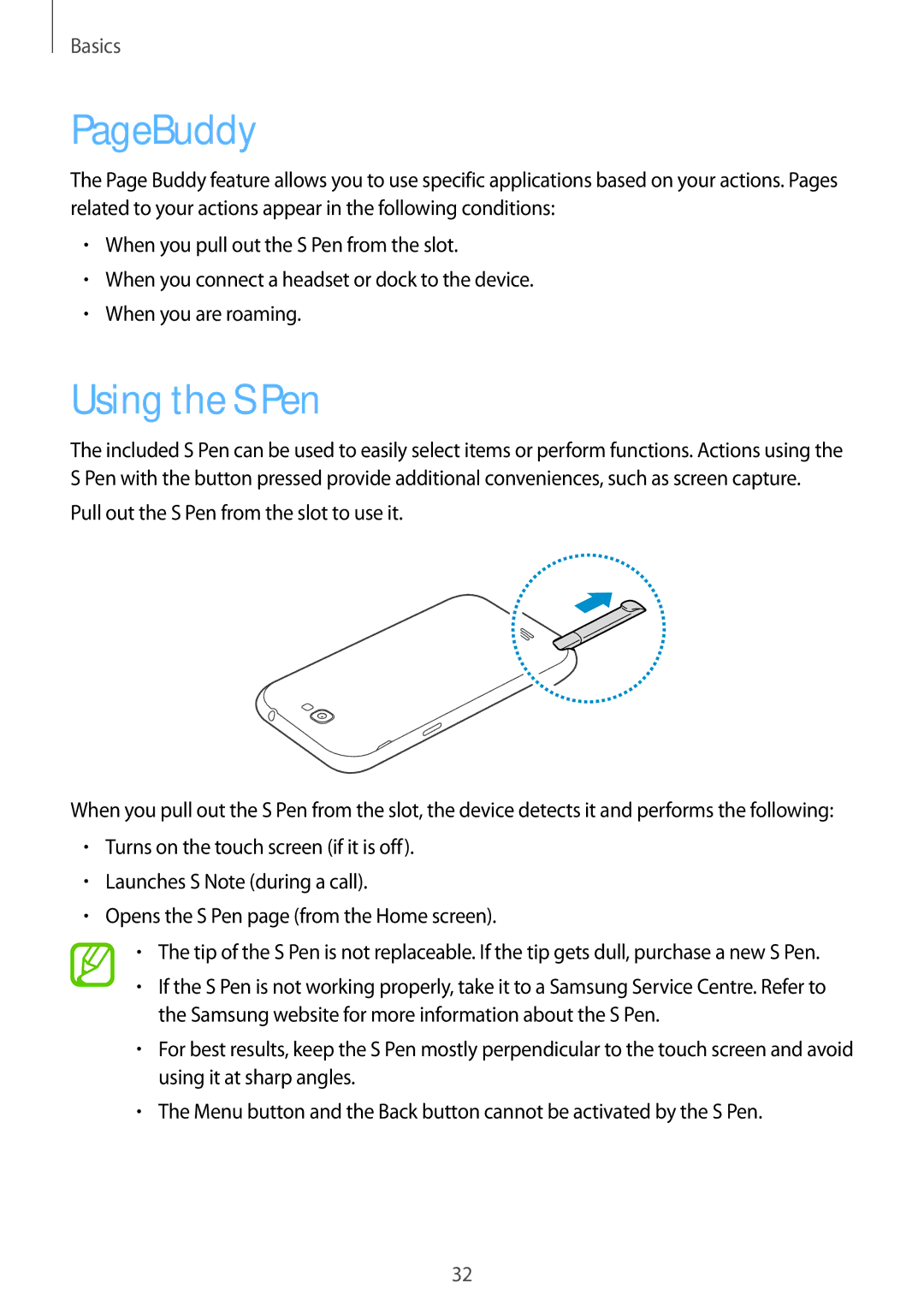 Samsung GT-N7100 user manual PageBuddy, Using the S Pen 