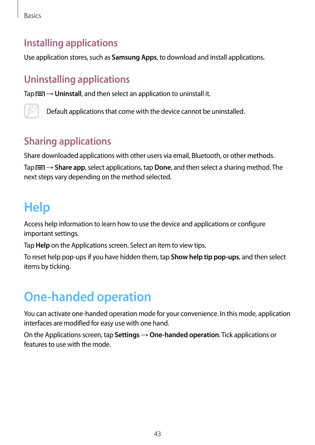 Samsung GT-N7100 Help, One-handed operation, Installing applications, Uninstalling applications, Sharing applications 