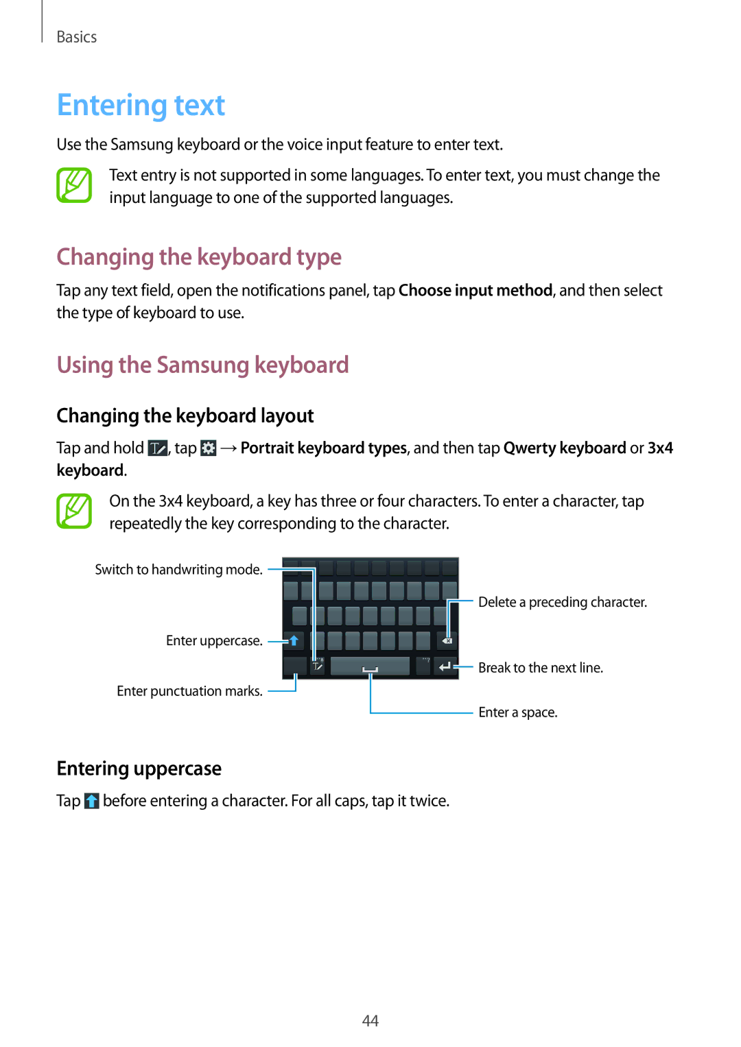 Samsung GT-N7100 Entering text, Changing the keyboard type, Using the Samsung keyboard, Changing the keyboard layout 