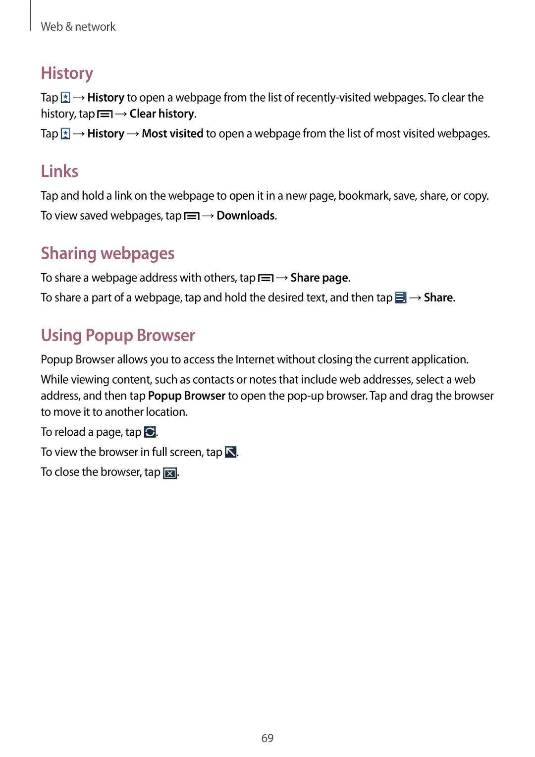 Samsung GT-N7100 user manual History, Links, Sharing webpages, Using Popup Browser 