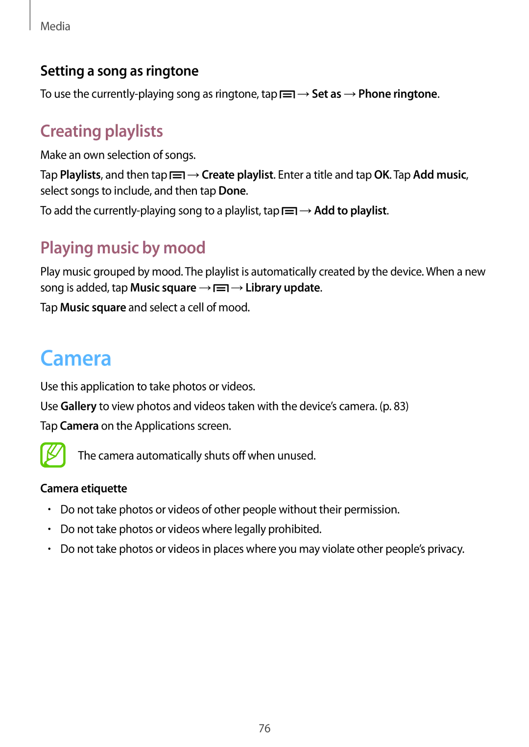 Samsung GT-N7100 user manual Camera, Creating playlists, Playing music by mood, Setting a song as ringtone 