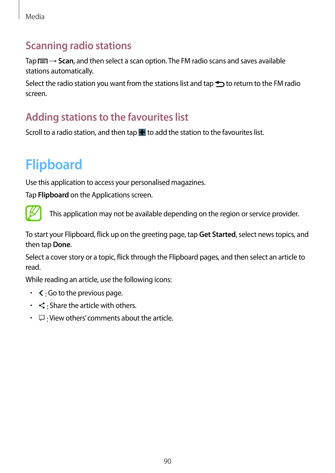 Samsung GT-N7100 user manual Flipboard, Scanning radio stations, Adding stations to the favourites list 