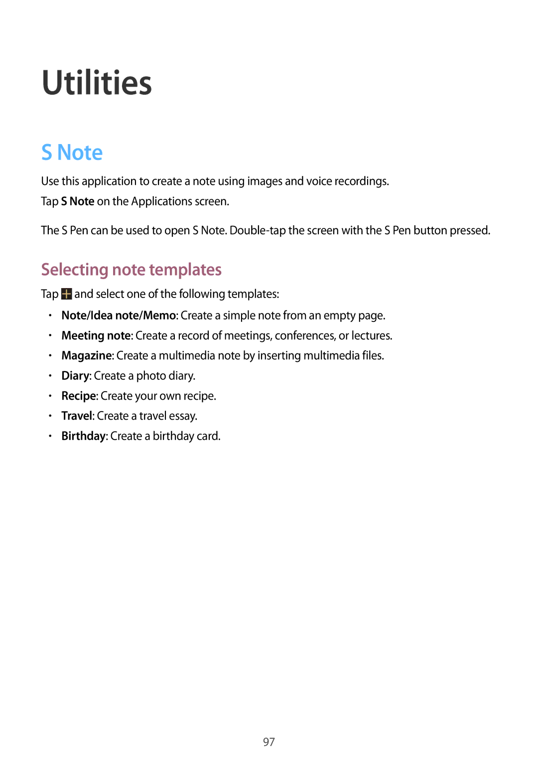 Samsung GT-N7100 user manual Utilities, Selecting note templates 