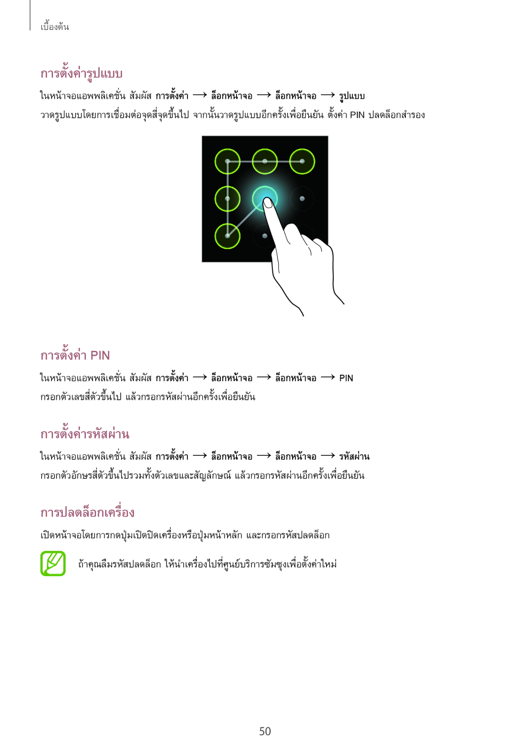 Samsung GT-N7100 manual การตั้งค่ารูปแบบ, การตั้งค่า Pin, การตั้งค่ารหัสผ่าน, การปลดล็อกเครื่อง 