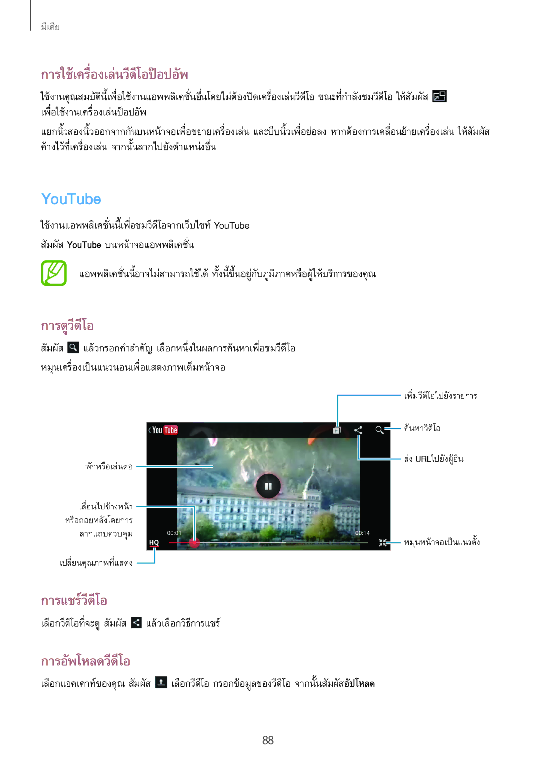 Samsung GT-N7100 manual YouTube, การใช้เครื่องเล่นวีดีโอป๊อปอัพ, การดูวีดีโอ, การอัพโหลดวีดีโอ 