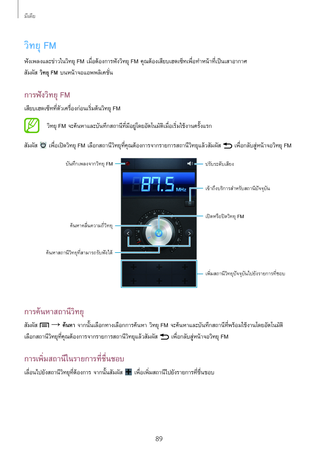 Samsung GT-N7100 manual การฟังวิทยุ Fm, การค้น​หาสถานีวิทยุ, การเพิ่มสถานีในรายการที่ชื่นชอบ 