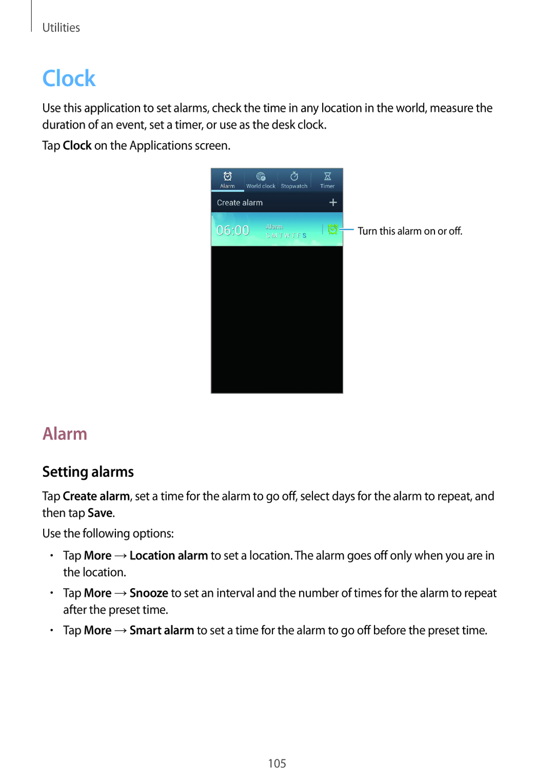 Samsung GT-N7100 user manual Clock, Alarm, Setting alarms 