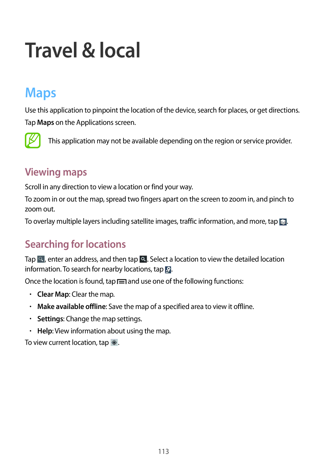 Samsung GT-N7100 user manual Travel & local, Maps, Viewing maps, Searching for locations 