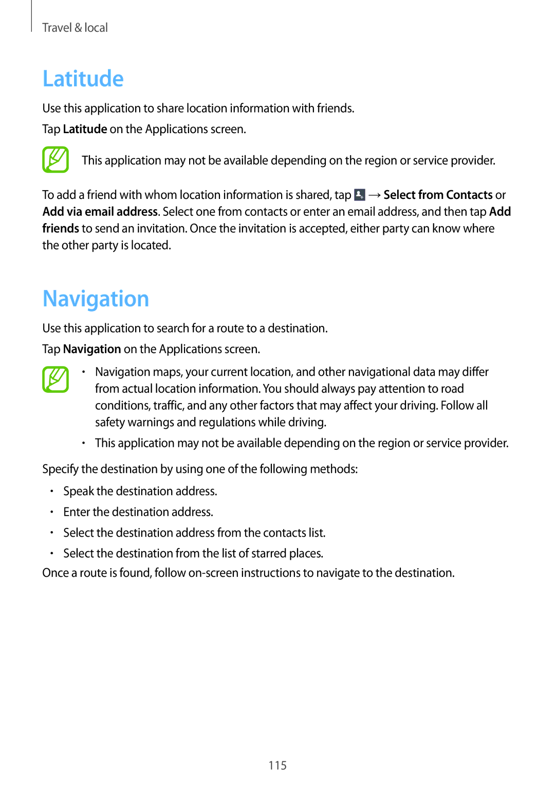 Samsung GT-N7100 user manual Latitude, Navigation 