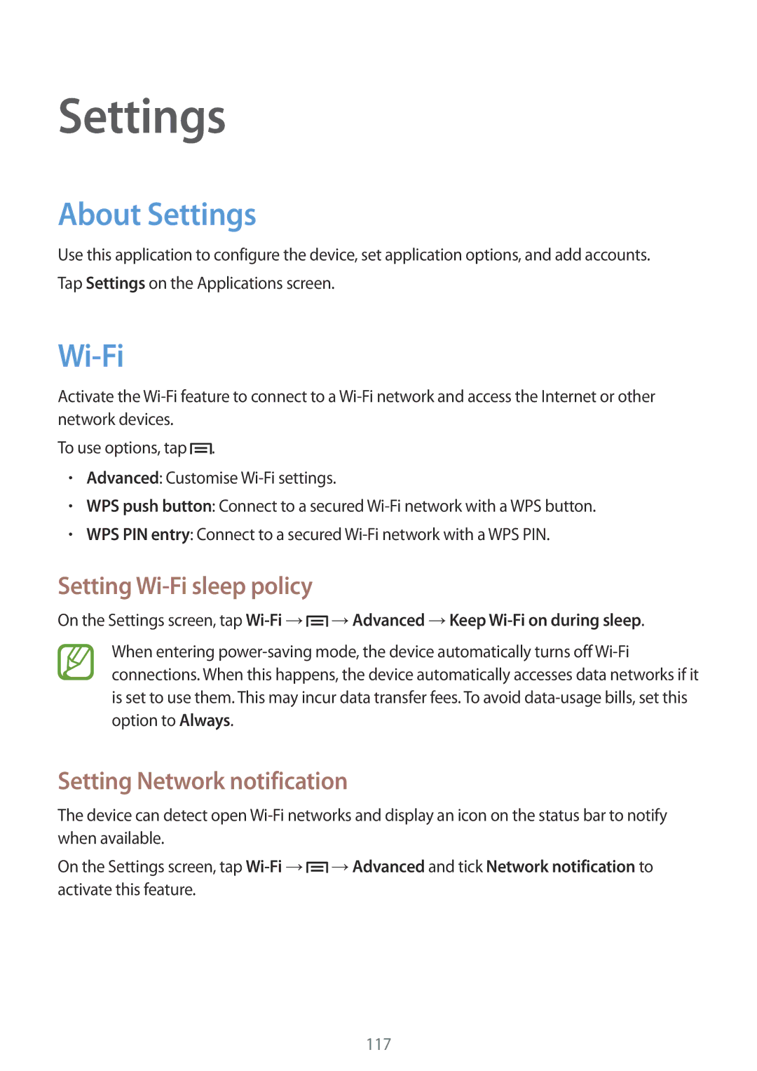 Samsung GT-N7100 user manual About Settings, Setting Wi-Fi sleep policy, Setting Network notification 