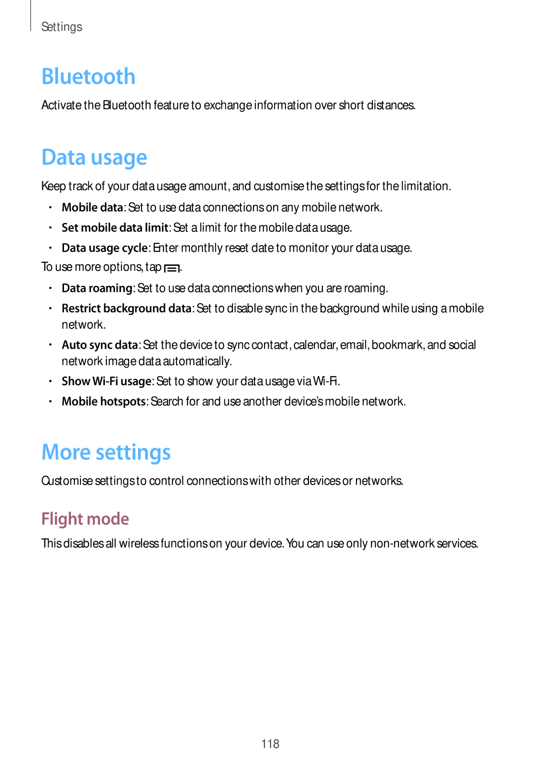 Samsung GT-N7100 user manual Data usage, More settings, Flight mode 