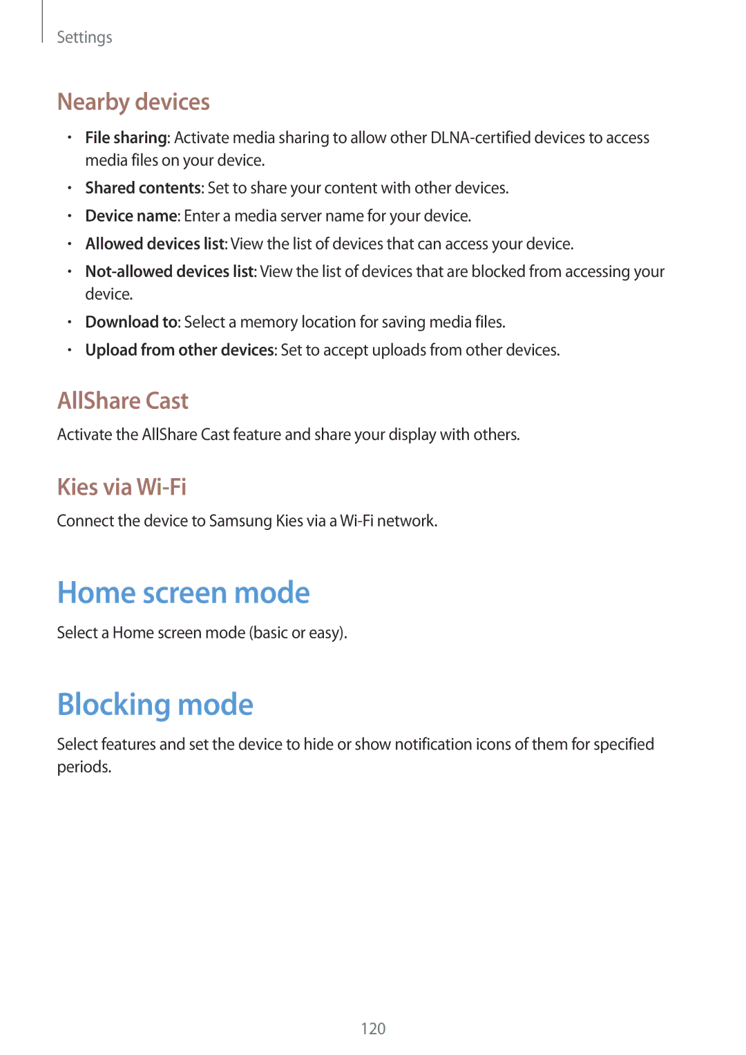 Samsung GT-N7100 user manual Home screen mode, Blocking mode, Nearby devices, AllShare Cast, Kies via Wi-Fi 