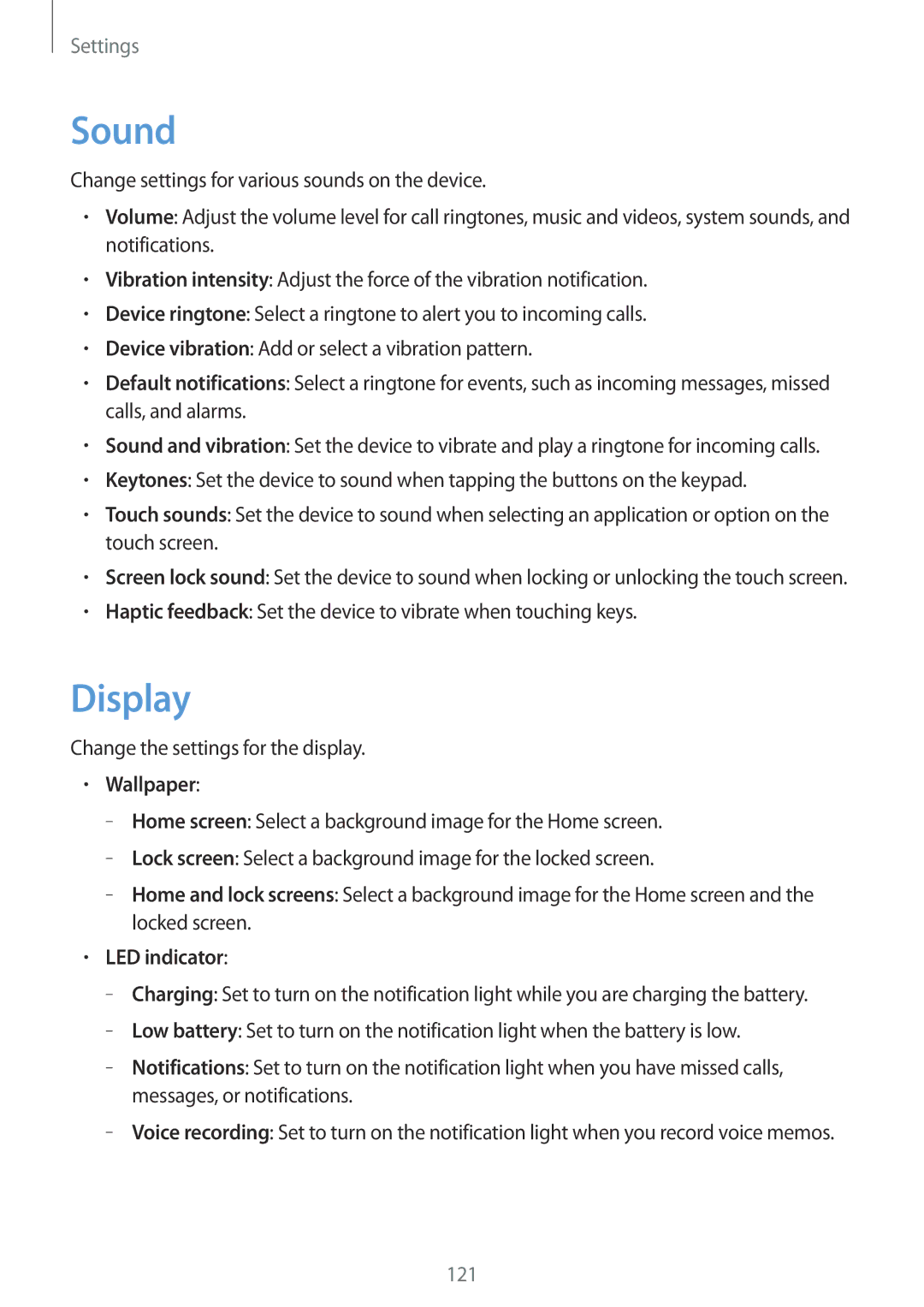 Samsung GT-N7100 user manual Sound, Display, Wallpaper, LED indicator 