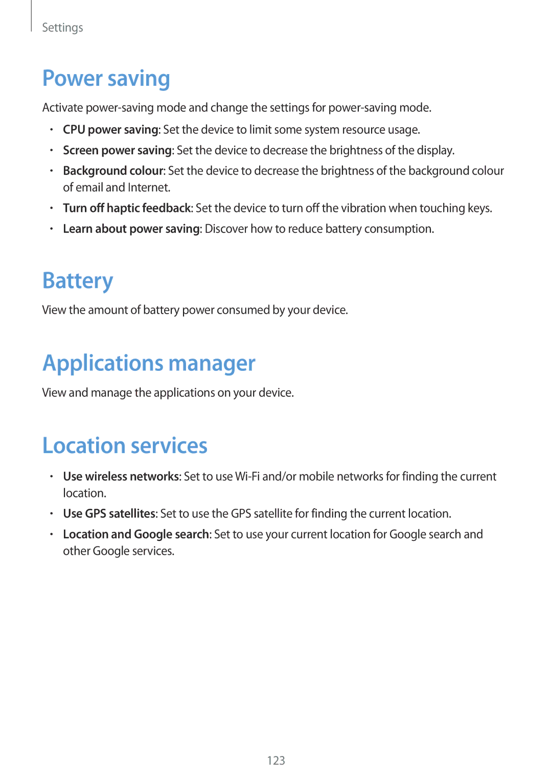 Samsung GT-N7100 user manual Power saving, Battery, Applications manager, Location services 