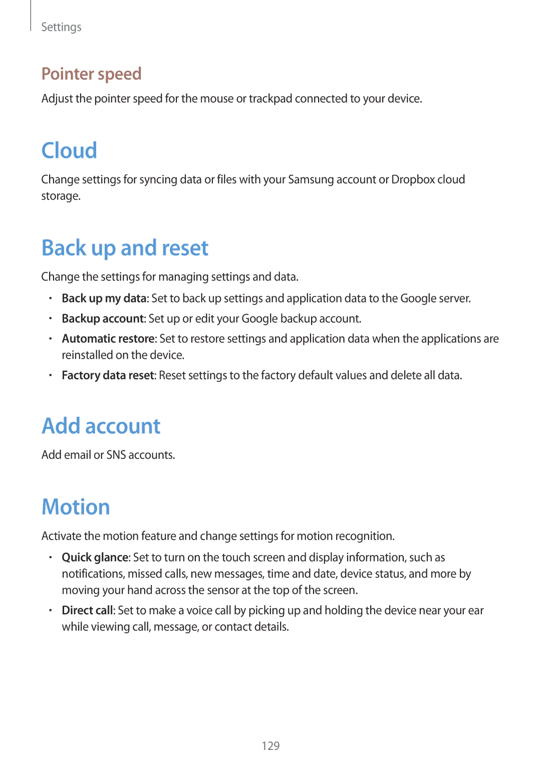 Samsung GT-N7100 user manual Back up and reset, Add account, Motion, Pointer speed 