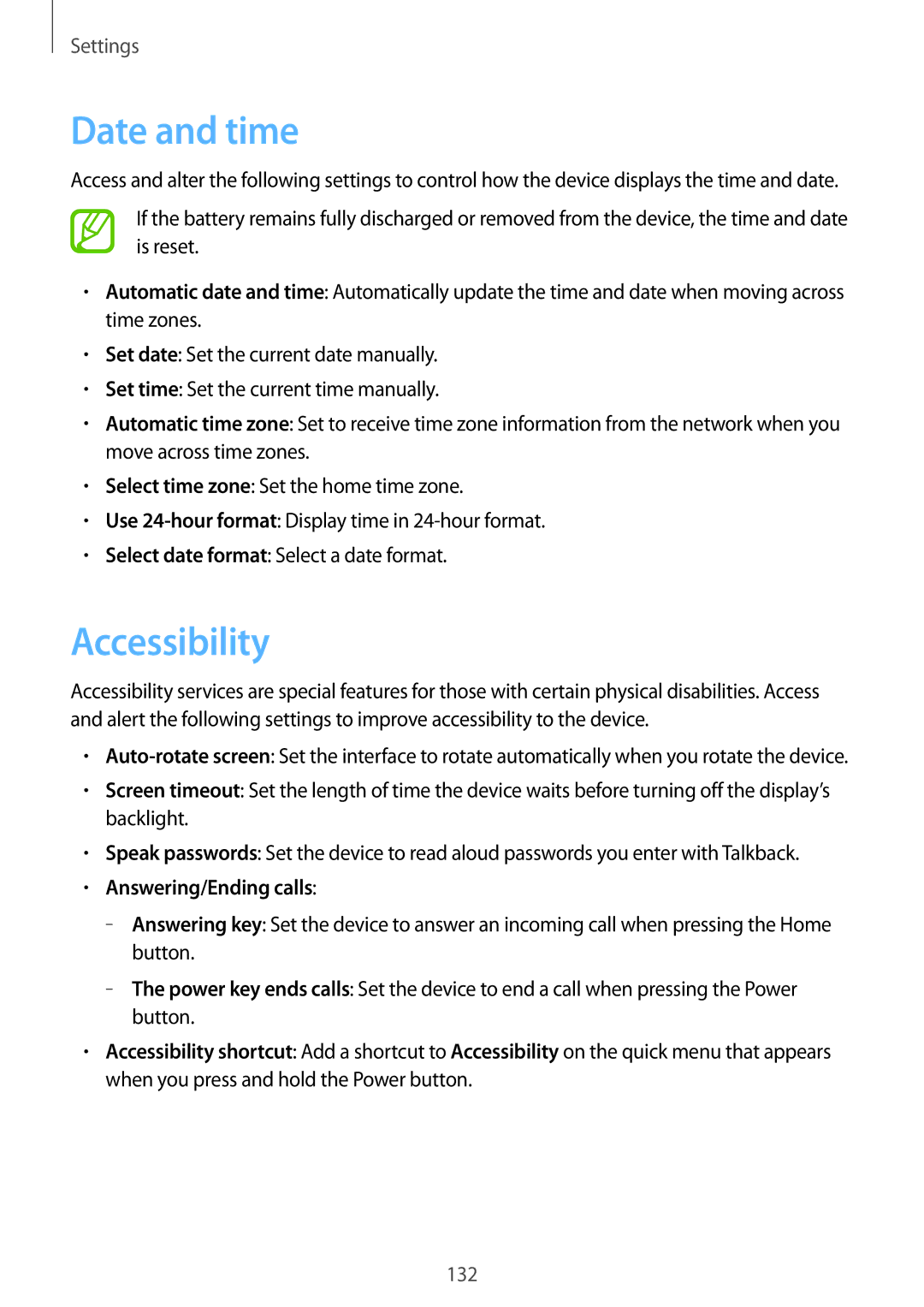 Samsung GT-N7100 user manual Date and time, Accessibility, Answering/Ending calls 