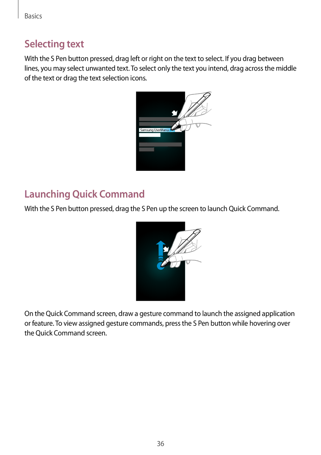 Samsung GT-N7100 user manual Selecting text, Launching Quick Command 