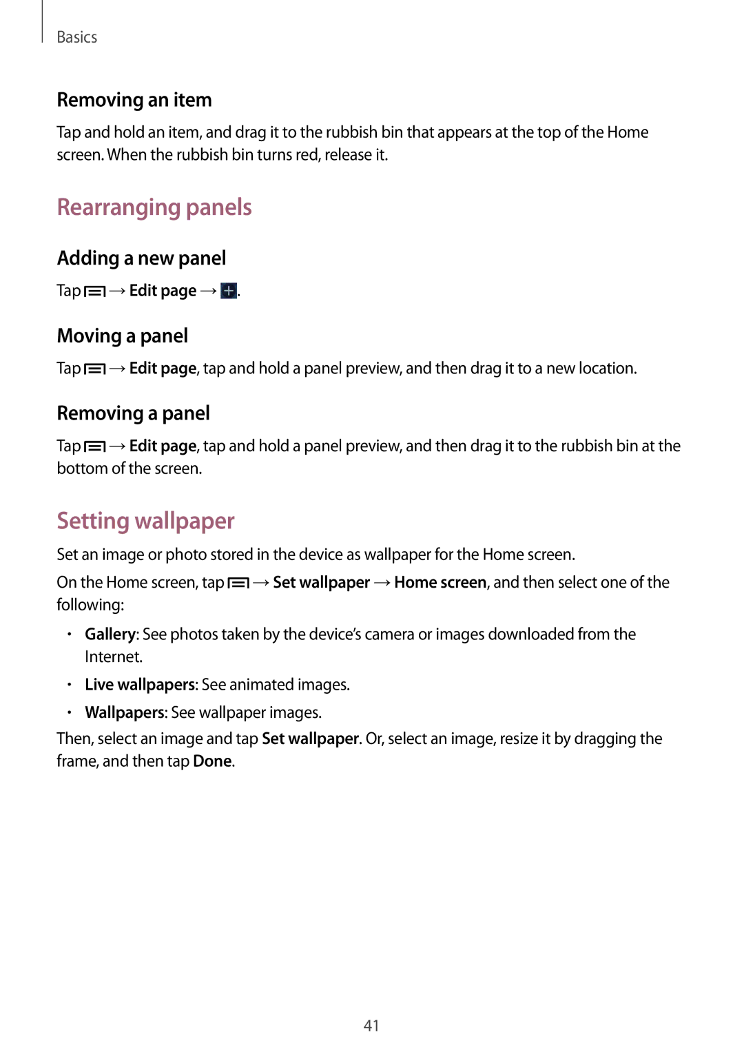 Samsung GT-N7100 user manual Rearranging panels, Setting wallpaper 