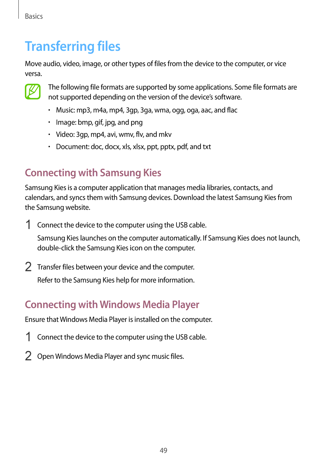 Samsung GT-N7100 user manual Transferring files, Connecting with Samsung Kies, Connecting with Windows Media Player 