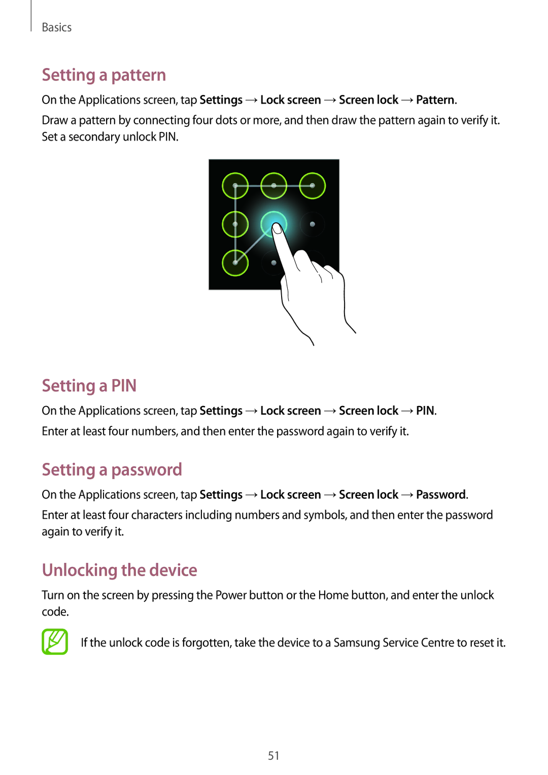 Samsung GT-N7100 user manual Setting a pattern, Setting a PIN, Setting a password, Unlocking the device 