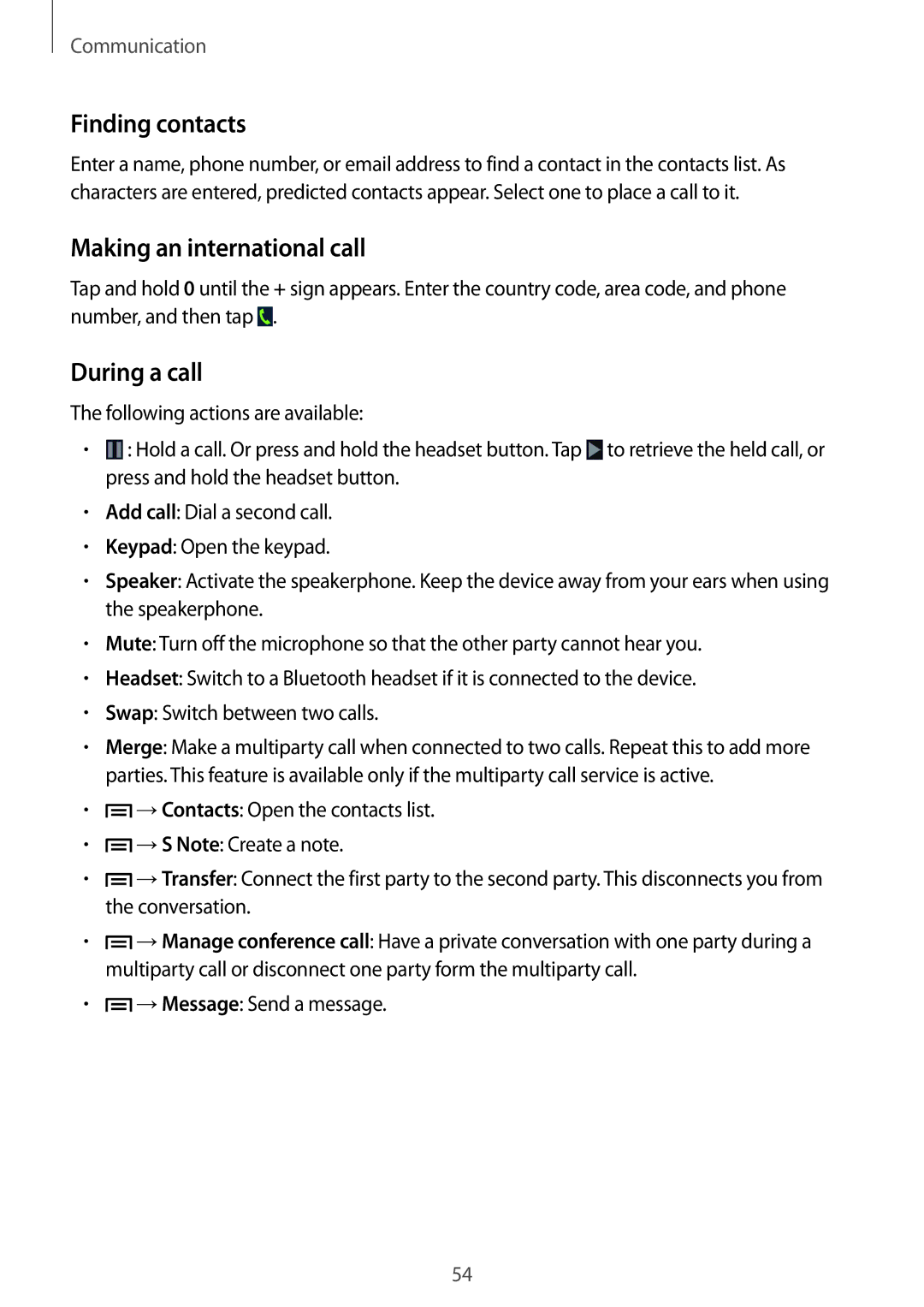 Samsung GT-N7100 user manual Finding contacts, Making an international call, During a call 