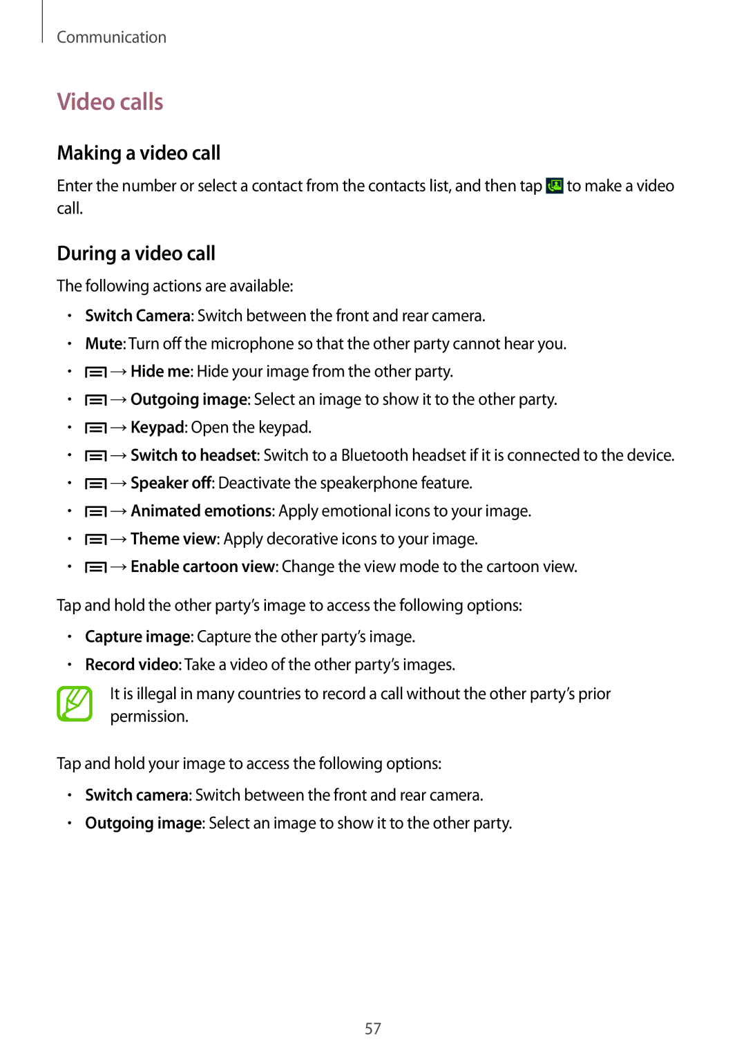 Samsung GT-N7100 user manual Video calls, Making a video call, During a video call 