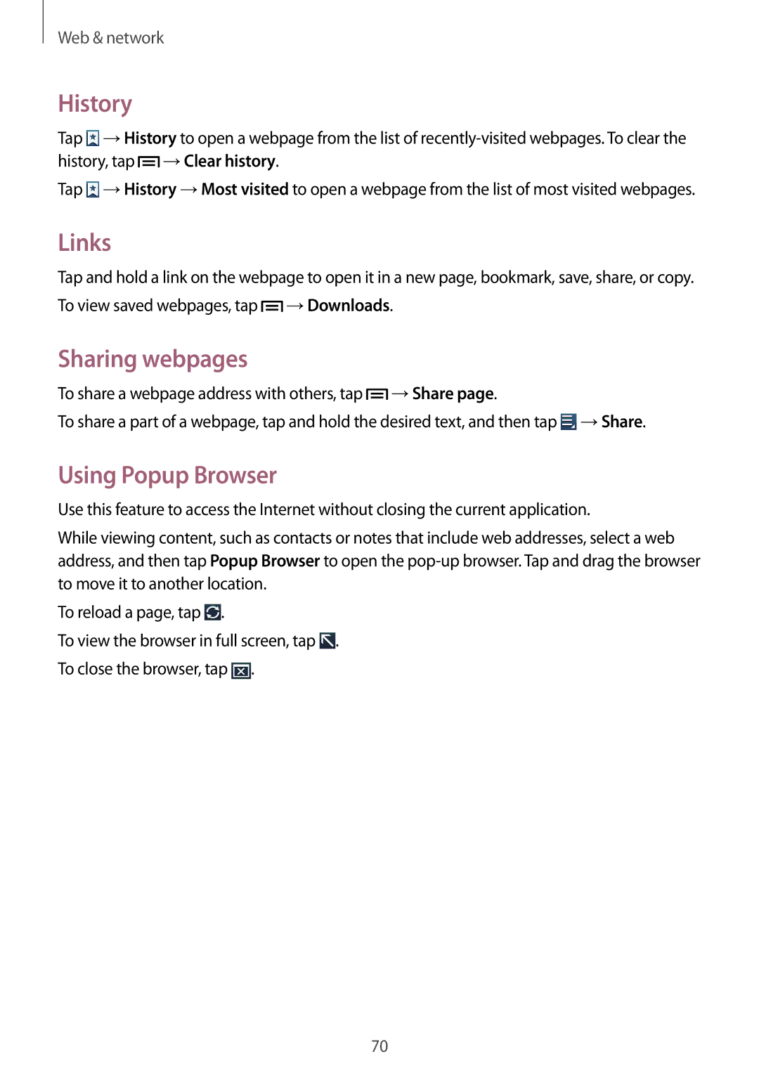 Samsung GT-N7100 user manual History, Links, Sharing webpages, Using Popup Browser 