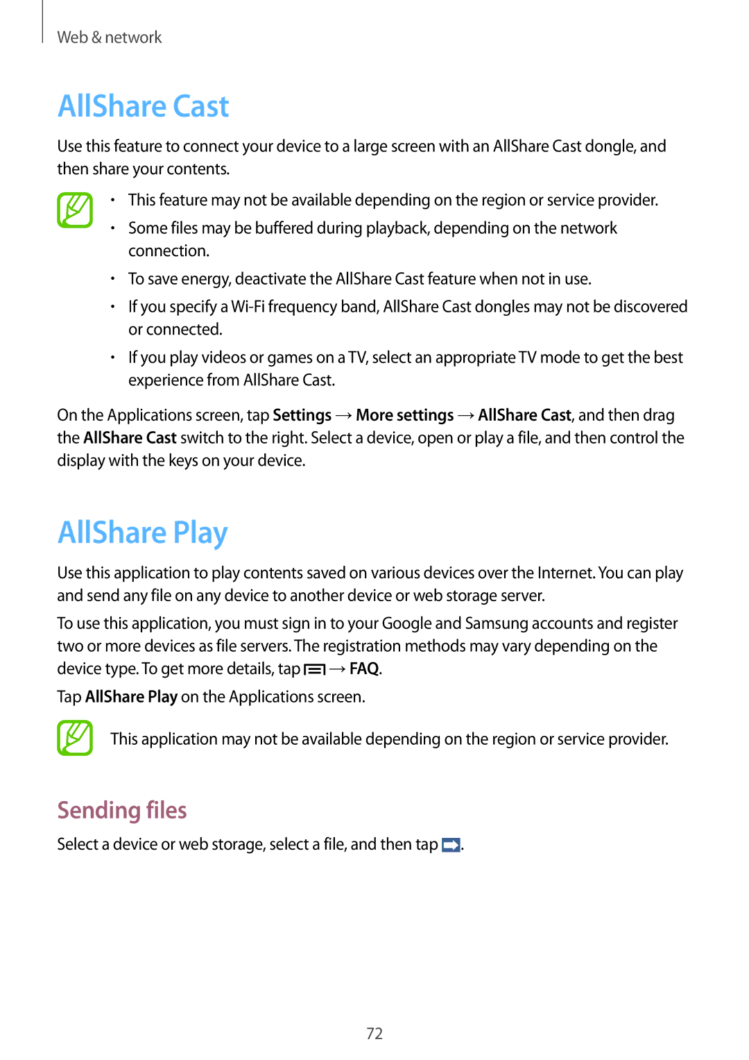 Samsung GT-N7100 user manual AllShare Cast, AllShare Play, Sending files 