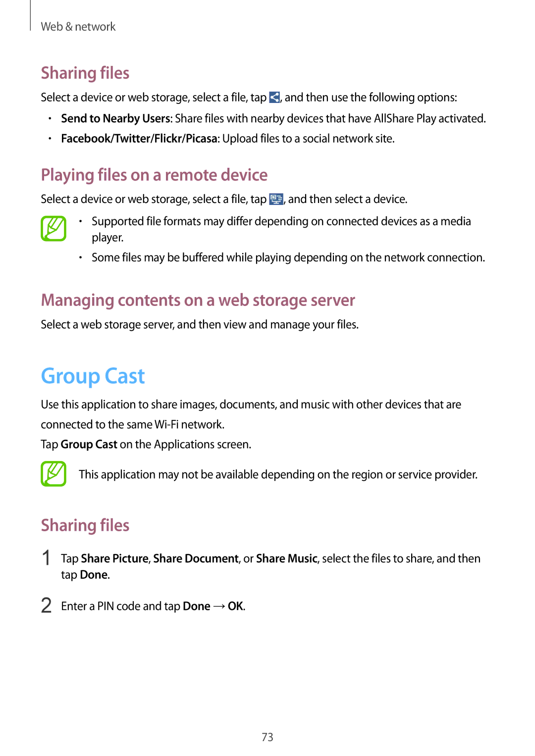 Samsung GT-N7100 Group Cast, Sharing files, Playing files on a remote device, Managing contents on a web storage server 