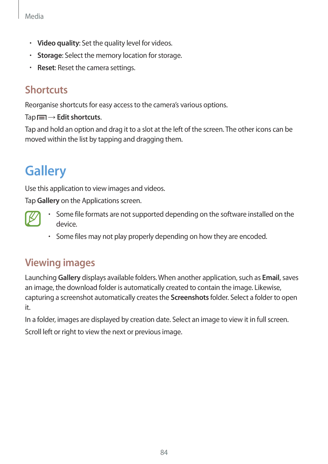 Samsung GT-N7100 user manual Gallery, Shortcuts, Viewing images, Tap →Edit shortcuts 