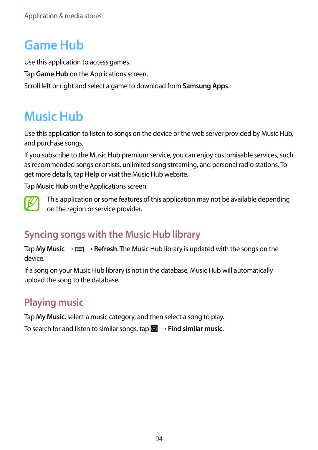 Samsung GT-N7100 user manual Game Hub, Syncing songs with the Music Hub library 