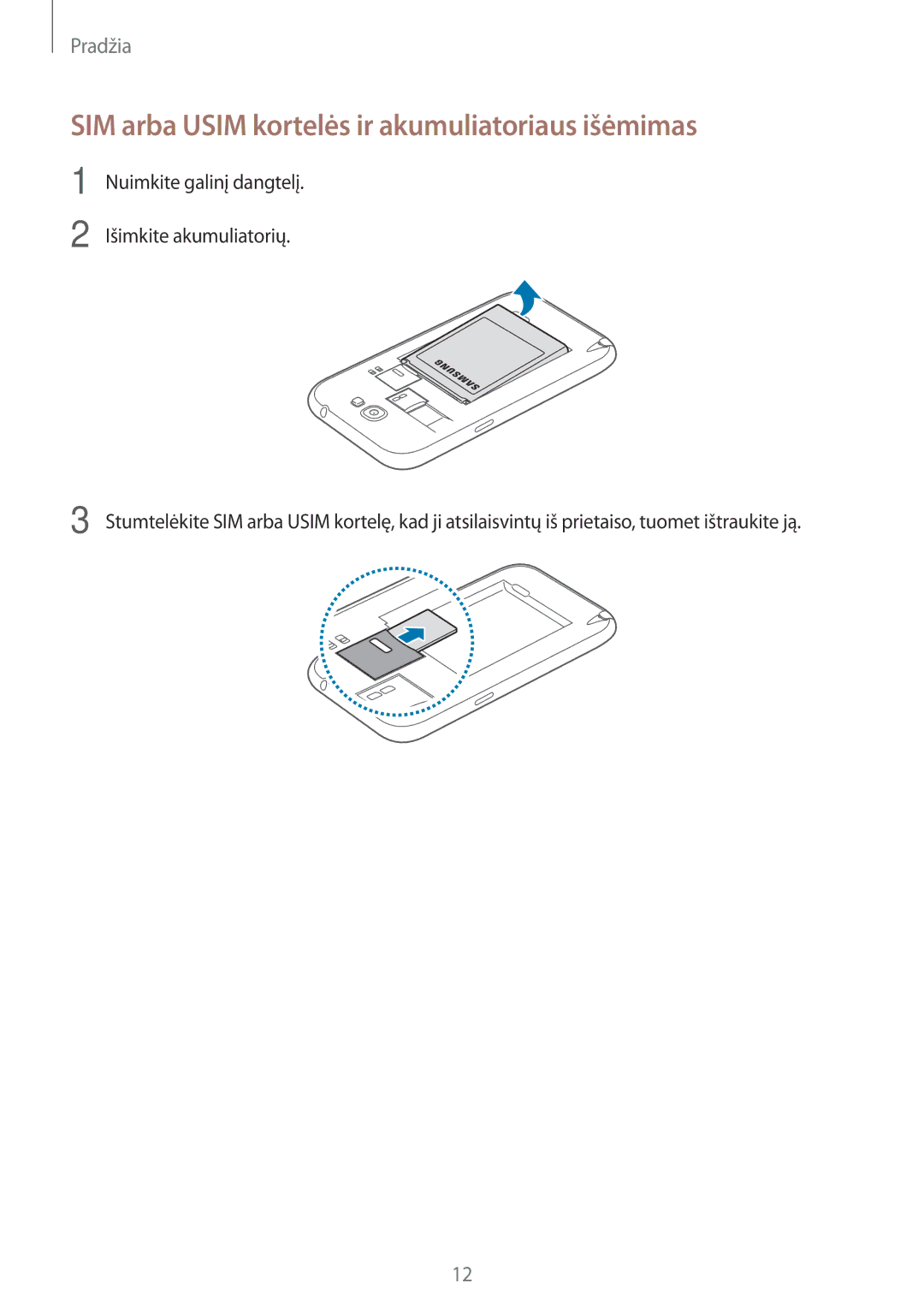 Samsung GT-N7100RWDSEB, GT-N7100TADSEB manual SIM arba Usim kortelės ir akumuliatoriaus išėmimas 