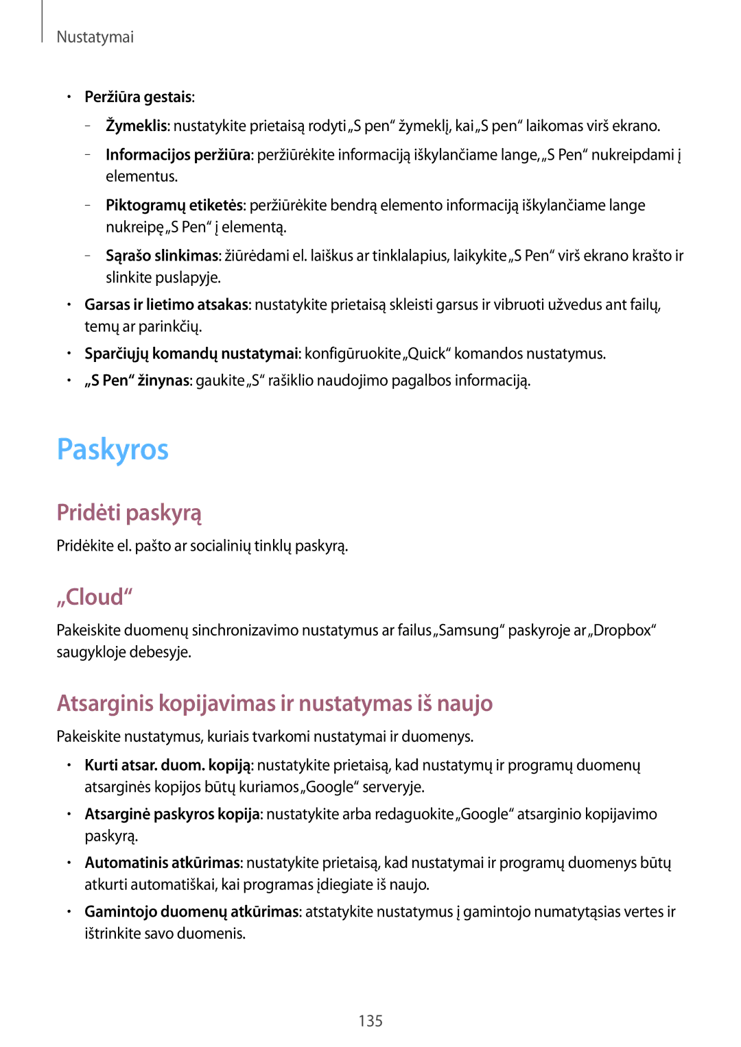 Samsung GT-N7100TADSEB Paskyros, Pridėti paskyrą, „Cloud, Atsarginis kopijavimas ir nustatymas iš naujo, Peržiūra gestais 