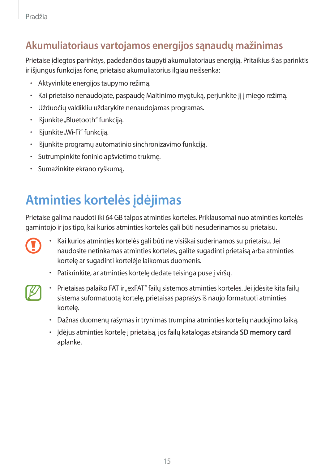 Samsung GT-N7100TADSEB, GT-N7100RWDSEB Atminties kortelės įdėjimas, Akumuliatoriaus vartojamos energijos sąnaudų mažinimas 