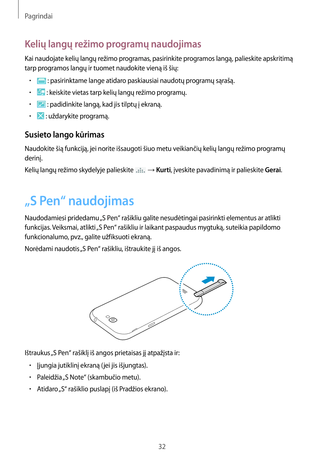 Samsung GT-N7100RWDSEB, GT-N7100TADSEB „S Pen naudojimas, Kelių langų režimo programų naudojimas, Susieto lango kūrimas 