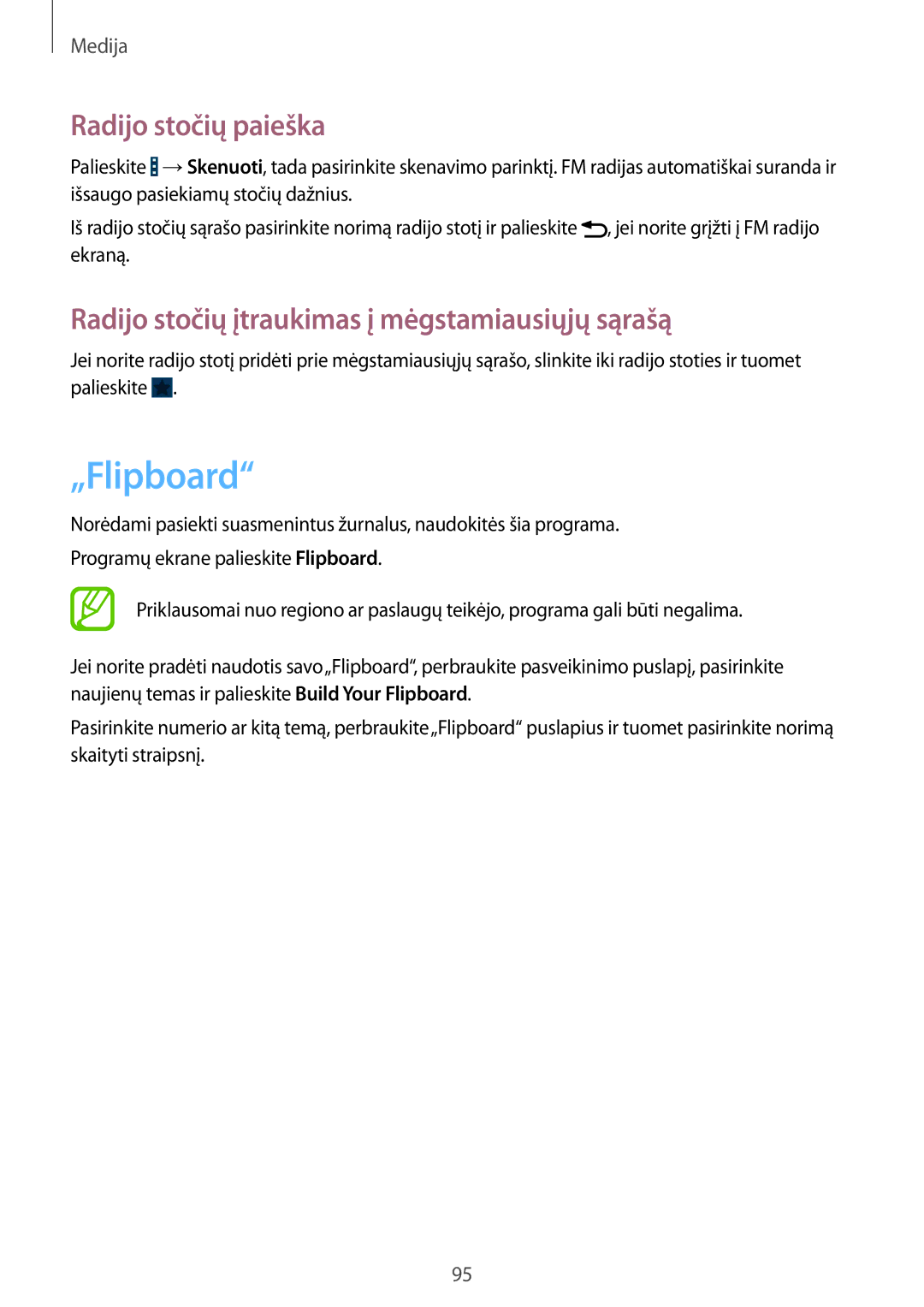 Samsung GT-N7100TADSEB manual „Flipboard, Radijo stočių paieška, Radijo stočių įtraukimas į mėgstamiausiųjų sąrašą 