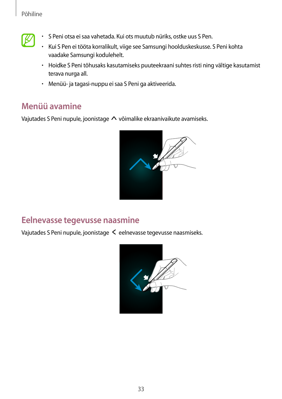 Samsung GT-N7100TADSEB, GT-N7100RWDSEB manual Menüü avamine, Eelnevasse tegevusse naasmine 