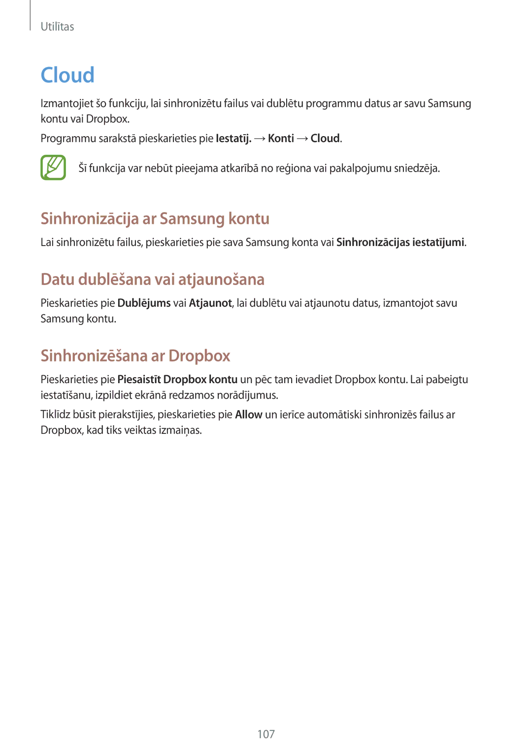 Samsung GT-N7100TADSEB Cloud, Sinhronizācija ar Samsung kontu, Datu dublēšana vai atjaunošana, Sinhronizēšana ar Dropbox 