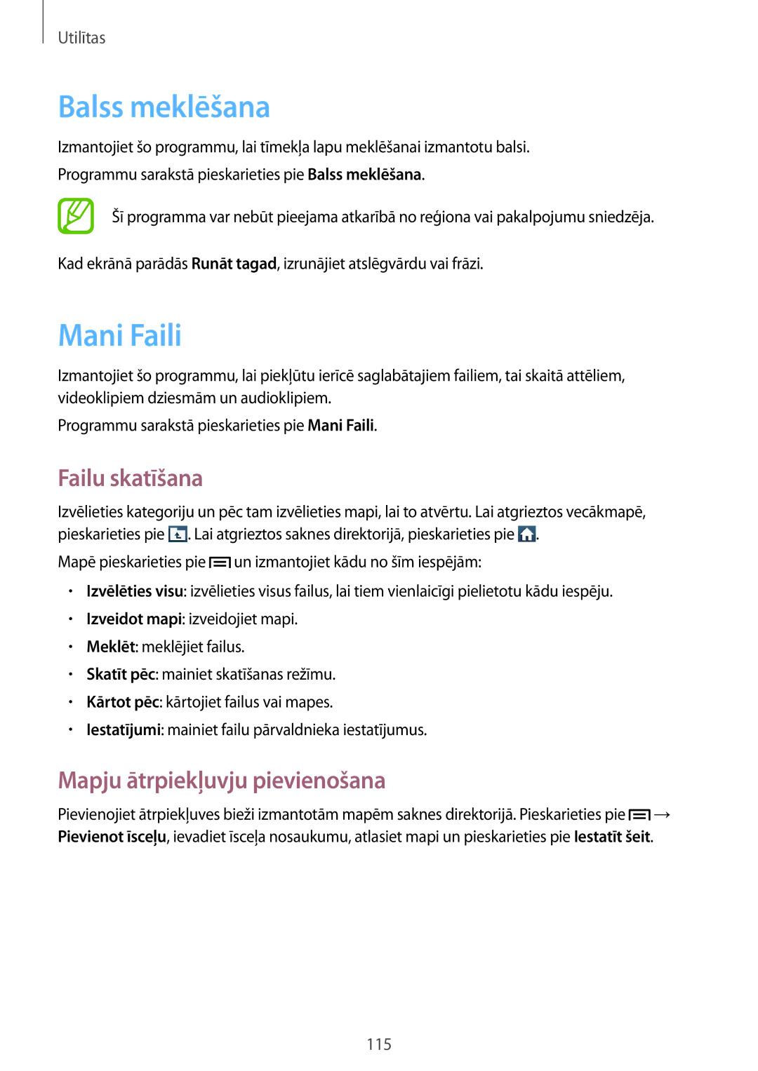Samsung GT-N7100TADSEB, GT-N7100RWDSEB manual Balss meklēšana, Mani Faili, Failu skatīšana, Mapju ātrpiekļuvju pievienošana 