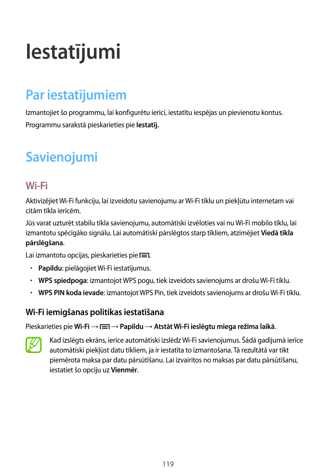 Samsung GT-N7100TADSEB manual Iestatījumi, Par iestatījumiem, Savienojumi, Wi-Fi iemigšanas politikas iestatīšana 