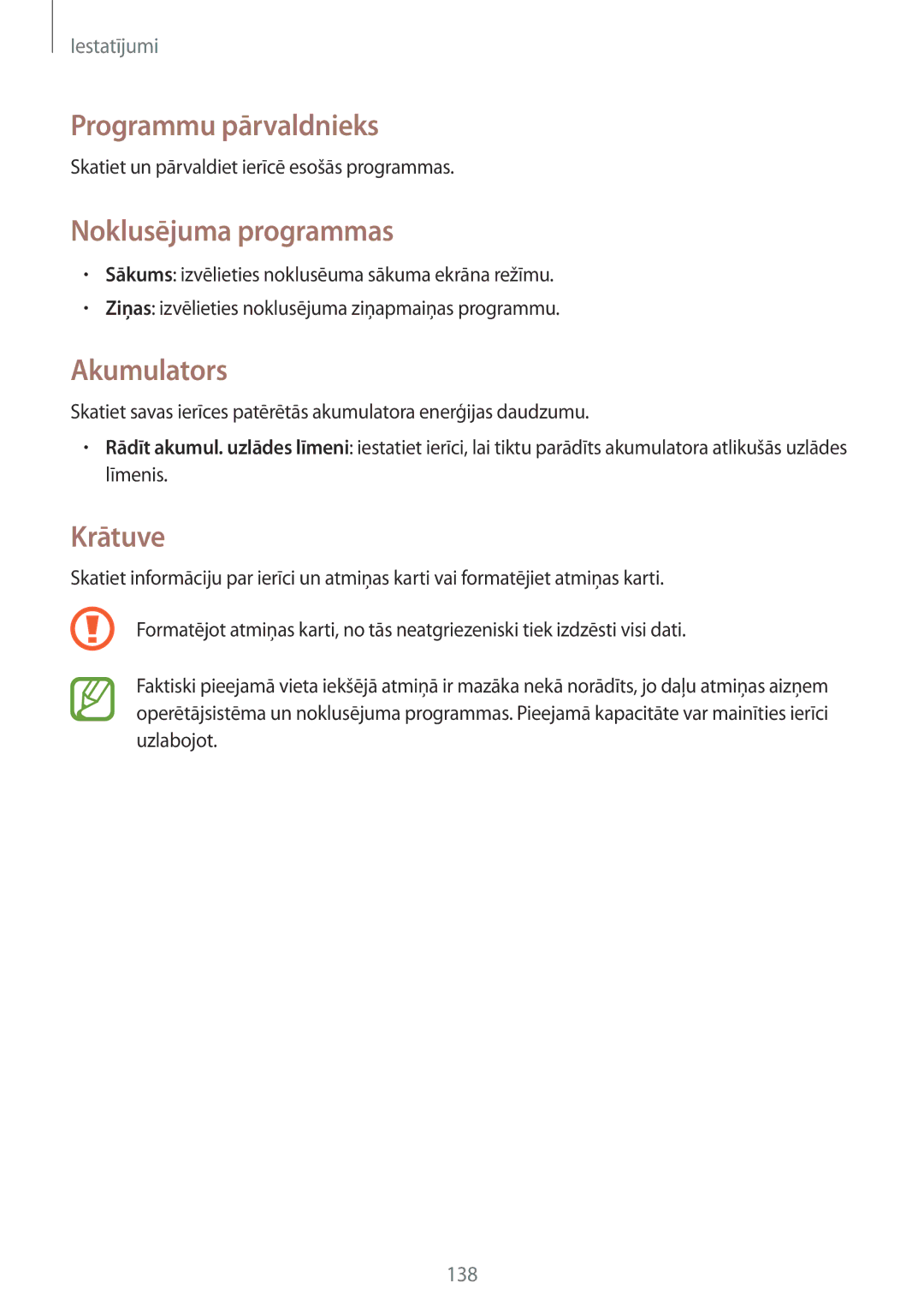 Samsung GT-N7100RWDSEB, GT-N7100TADSEB manual Programmu pārvaldnieks, Noklusējuma programmas, Akumulators, Krātuve 